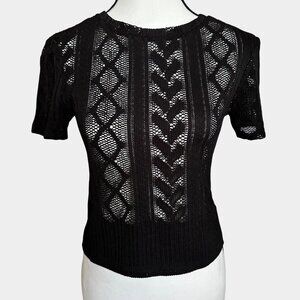Zara Black Lace Knit Short-Sleeve Womens Top Size S Ribbed Hem Elegant Design